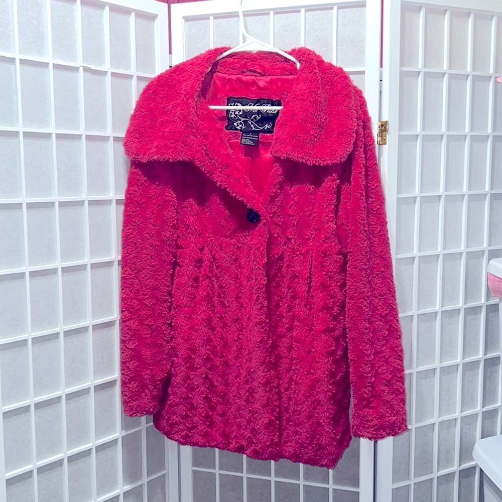 Pink fur jacket.
